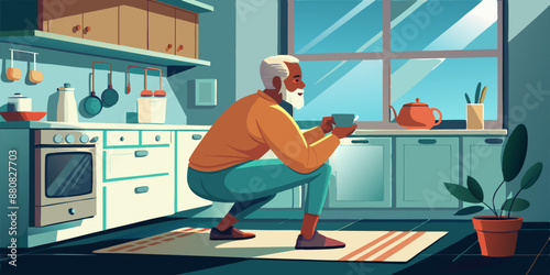 Elderly man squatting in a modern kitchen while holding a cup of tea. The kitchen is brightly lit with a large window and houseplants.