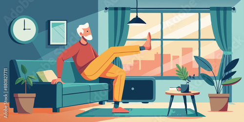 Elderly man performing leg lifts in his living room during the day. The room has large windows, houseplants, and a cozy ambiance.
