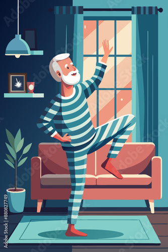 Elderly man exercising in his living room at night. He is wearing striped pajamas and raising one leg while stretching.