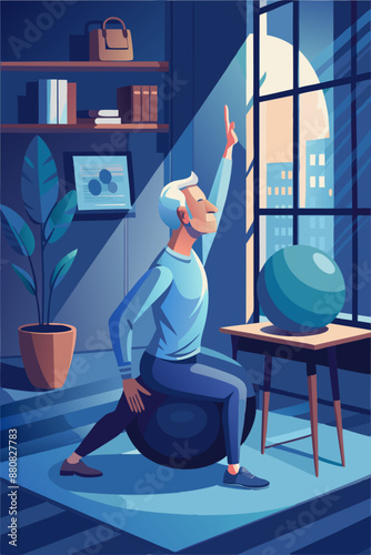 Elderly man exercising with a stability ball in a modern living room at night. He is reaching towards the ceiling with one arm