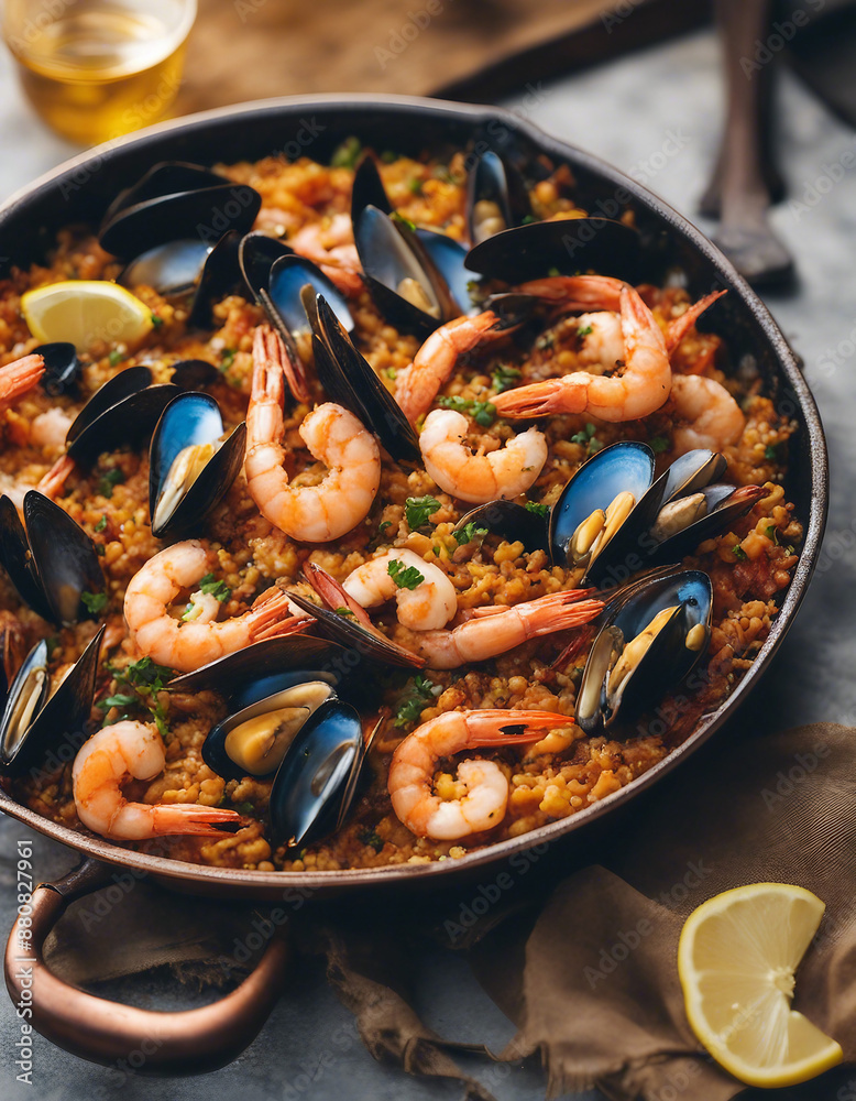 paella with shrimp and mussels, served in a gleaming copper pan, ad shot, copy space for text paella with shrimp and mussels, served in a gleaming copper pan, ad shot, copy space for text