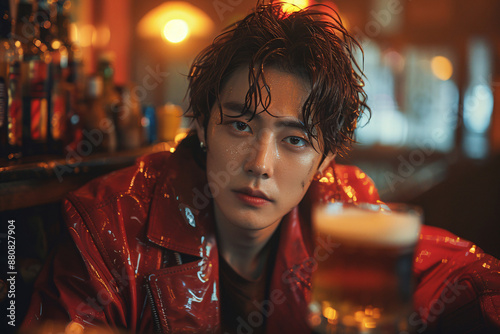 A handsome Japanese male idol with wavy hair in his late twenties wearing a red leather jacket drinking beer at a bar