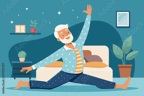 Elderly man performing yoga poses in his bedroom, reaching his arm upwards. He is wearing a polka dot shirt and smiling.