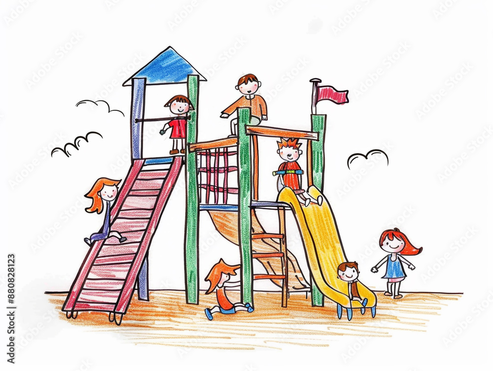 A children's drawing shows a group of children playing happily on a playground. Cartoon style drawing.
A children's drawing shows a group of children playing happily on a playground. Cartoon style drawing.