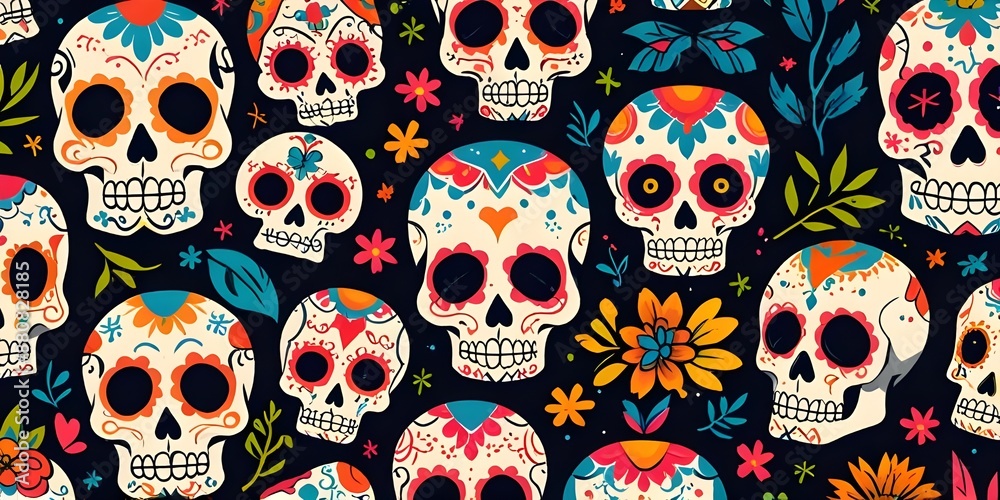 Day of the Dead skull pattern. Day of the Dead print. Textures of the Day of the Dead and Mexican Halloween. Traditional Mexican festival. Day of the death sugar skull isolation. day of the dead.