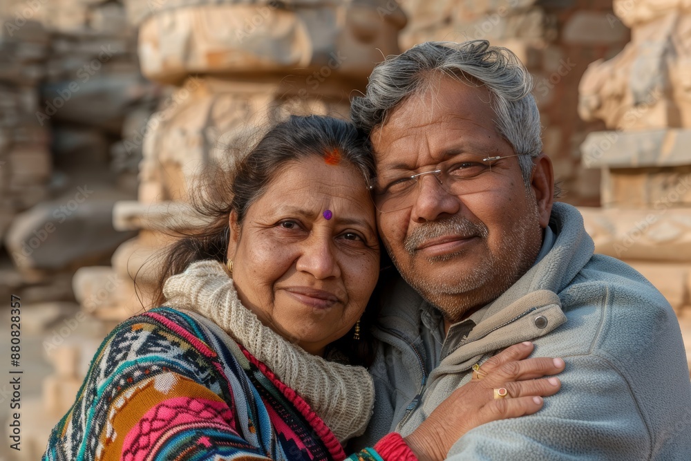 Fototapeta premium Portrait of a cheerful indian couple in their 40s dressed in a comfy fleece pullover isolated on backdrop of ancient ruins