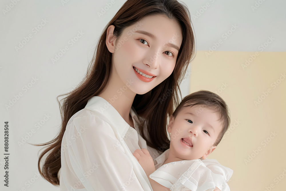 a Korean female model with long hair, smiling and holding her baby in the studio. She is wearing white and has an elegant pose. The background features light yellow walls and soft lighting a Korean female model with long hair, smiling and holding her baby in the studio. She is wearing white and has an elegant pose. The background features light yellow walls and soft lighting