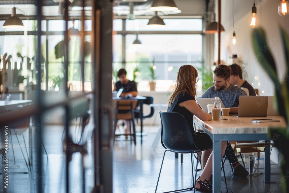 few people at modern coworking interior or at restaurant with laptops working, copy space left few people at modern coworking interior or at restaurant with laptops working, copy space left