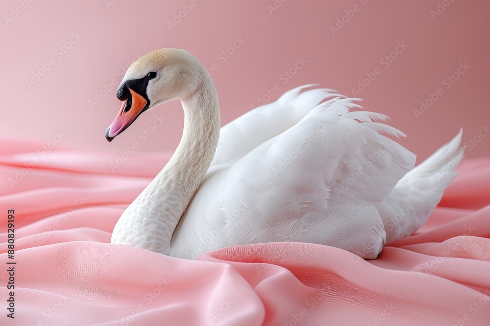 Fototapeta premium Elegant white swan gracefully resting on soft pink fabric, showcasing beauty, grace, and tranquility in a serene setting.