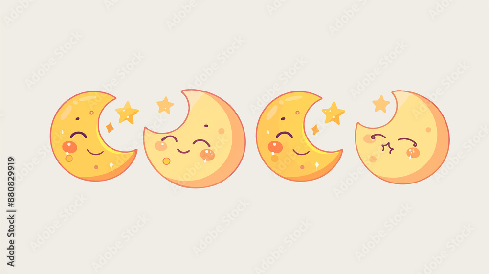 moon Icon, Funny Cartoon Kawaii Character, Chibi Sticker Collection moon Icon, Funny Cartoon Kawaii Character, Chibi Sticker Collection
