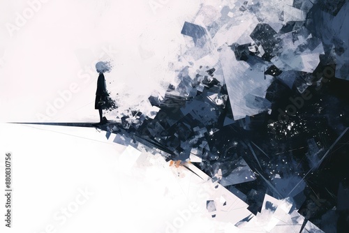 Girl standing on a precipice overlooking a stormy sea of abstract shapes photo