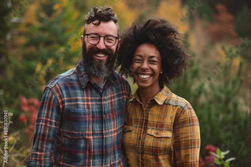 Portrait of a joyful multiethnic couple in their 30s dressed in a relaxed flannel shirt on backdrop of an idyllic countryside