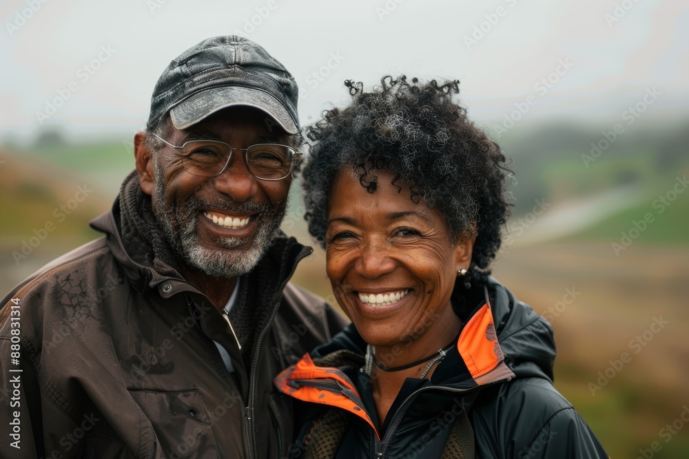 Portrait of a smiling afro-american couple in their 60s wearing a windproof softshell over backdrop of an idyllic countryside Portrait of a smiling afro-american couple in their 60s wearing a windproof softshell over backdrop of an idyllic countryside