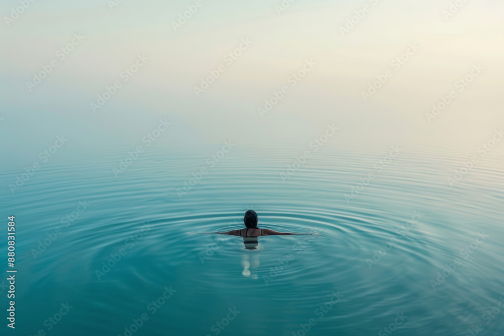 Fototapeta premium woman swimming and floating in lake water, practicing meditation and breathing exercise, integration of mind and body at sunset in beautiful natural scenery