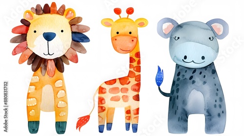 A group of four cartoon animals, including a giraffe, elephant, and two zebras