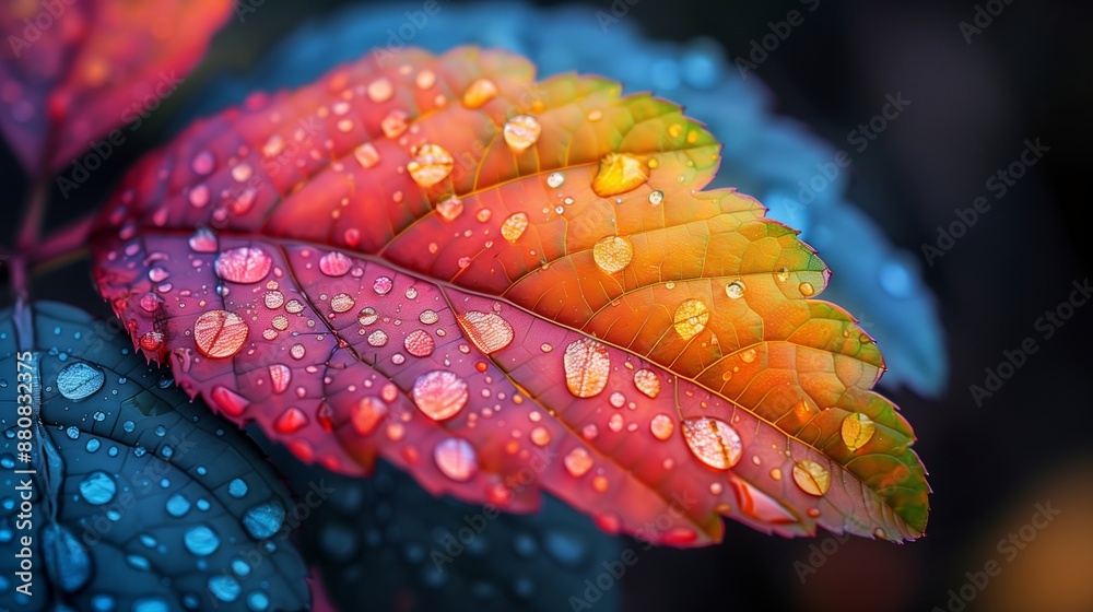 A closeup of the colorful leaf with water droplets on the dark background. A closeup of the colorful leaf with water droplets on the dark background.