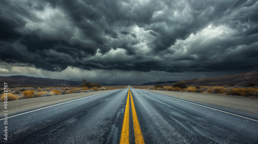 Empty Highway road under a stormy sky Empty Highway road under a stormy sky