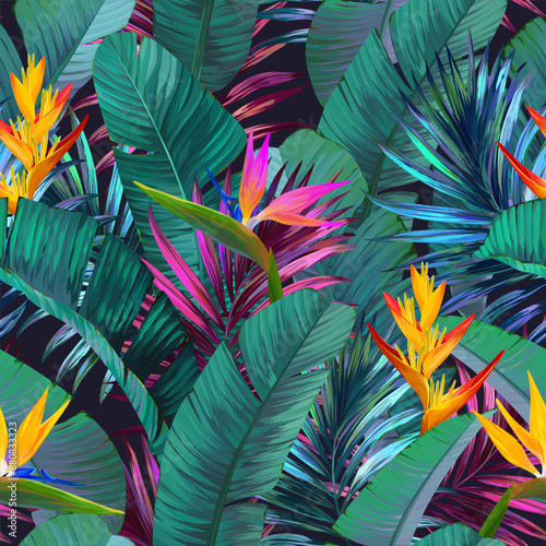 Seamless vector tropical pattern. Tropical leaves are bright. Palm. Hawaiian pattern, bright background