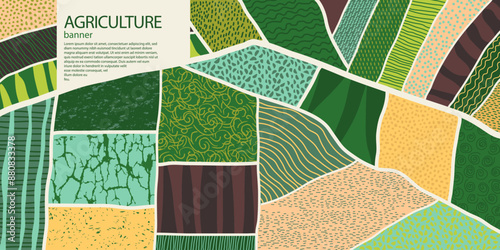 Agriculture field pattern banner, aerial view. Countryside grassland, farm land from top. Geometric farmland patches, padded mosaic country background, natural patchwork texture