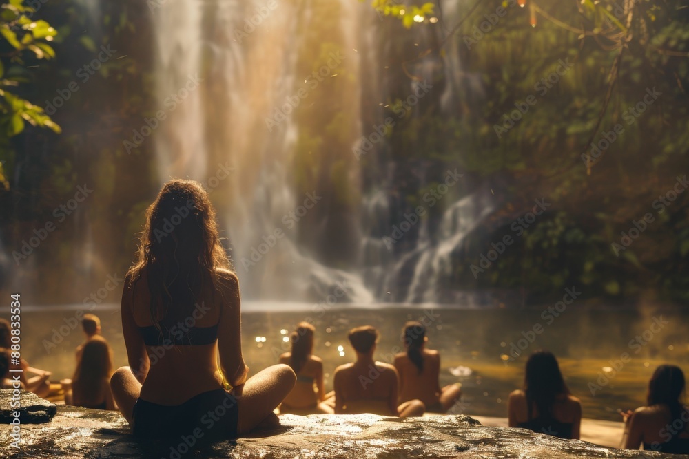 Group of People Meditating by a Serene Waterfall in a Lush Tropical Forest with Sunlight Filtering Through Trees Group of People Meditating by a Serene Waterfall in a Lush Tropical Forest with Sunlight Filtering Through Trees