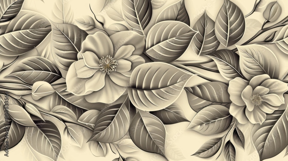 Pattern of leaves and flowers, forming a harmonious and natural decorative design. Pattern of leaves and flowers, forming a harmonious and natural decorative design.