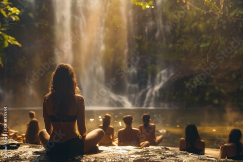 Group of People Meditating by a Serene Waterfall in a Lush Tropical Forest with Sunlight Filtering Through Trees