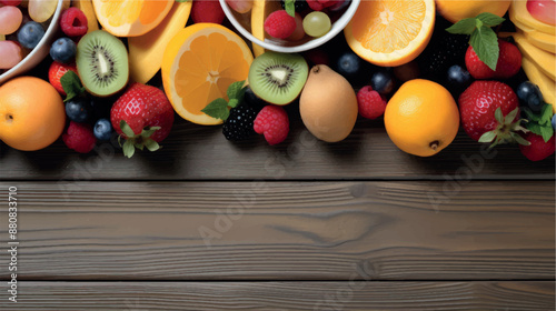 Fruit background with empty space for advertising. Multifruits on the table, wooden background. Juicy ripe fruits with vitamins. Healthy nutrition, diet, diabetes. Sale of fruits. Vitamin complex.