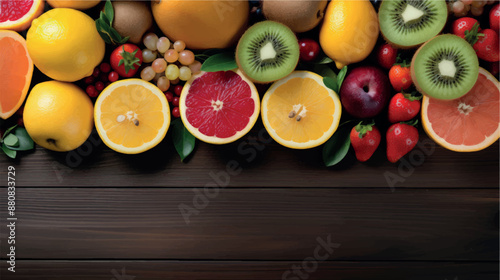Fruit background with empty space for advertising. Multifruits on the table, wooden background. Juicy ripe fruits with vitamins. Healthy nutrition, diet, diabetes. Sale of fruits. Vitamin complex.
