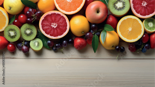 Fruit background with empty space for advertising. Multifruits on the table, wooden background. Juicy ripe fruits with vitamins. Healthy nutrition, diet, diabetes. Sale of fruits. Vitamin complex.
