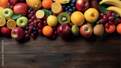 Fruit background with empty space for advertising. Multifruits on the table, wooden background. Juicy ripe fruits with vitamins. Healthy nutrition, diet, diabetes. Sale of fruits. Vitamin complex.