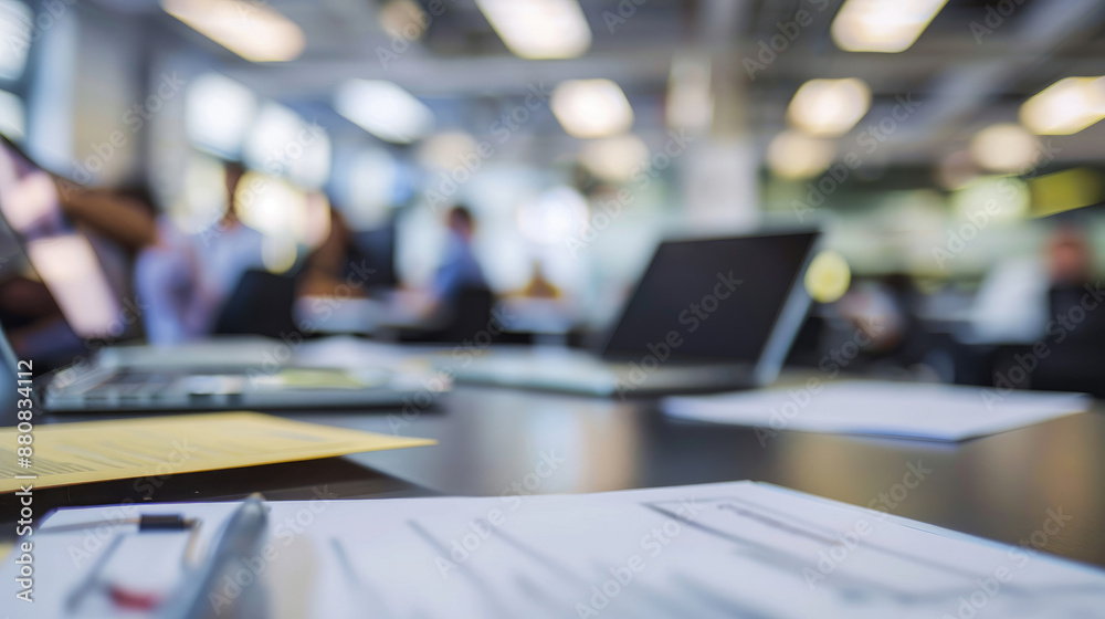 Office Background with Blurry People, Documents, and Laptops Office Background with Blurry People, Documents, and Laptops