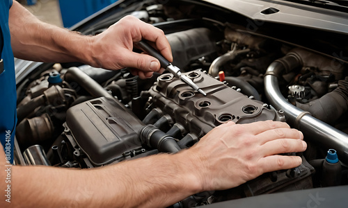 close-up view of a mechanic's hands working meticulously on an engine under the hood of a car