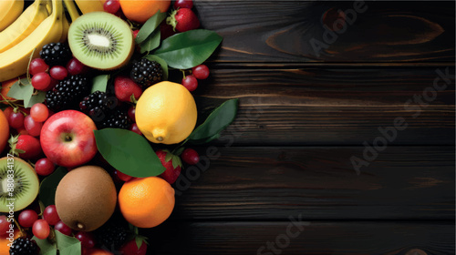 Fruit background with empty space for advertising. Multifruits on the table, wooden background. Juicy ripe fruits with vitamins. Healthy nutrition, diet, diabetes. Sale of fruits. Vitamin complex.