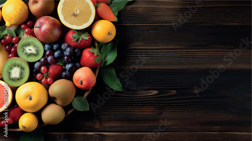 Fruit background with empty space for advertising. Multifruits on the table, wooden background. Juicy ripe fruits with vitamins. Healthy nutrition, diet, diabetes. Sale of fruits. Vitamin complex.