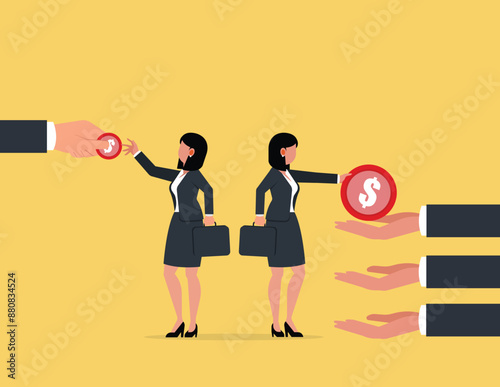 Income is less than expenses. Business woman with more expenses than income