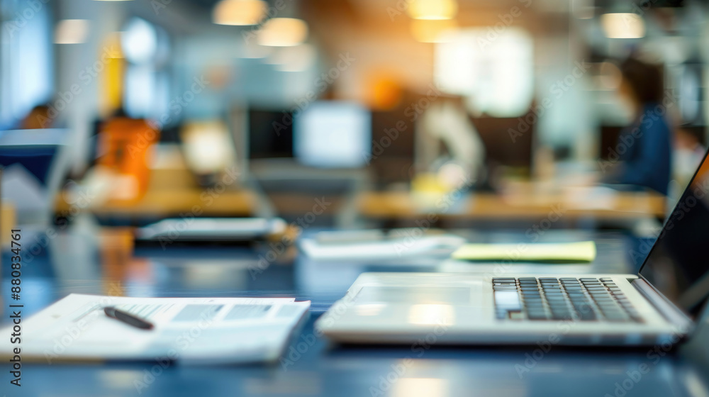 Office Background with Blurry People, Documents, and Laptops Office Background with Blurry People, Documents, and Laptops