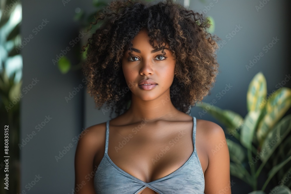 Young black african american woman with curly afro hairstyle dressed in gray top posing in modern space with gray wall and green plants Young black african american woman with curly afro hairstyle dressed in gray top posing in modern space with gray wall and green plants