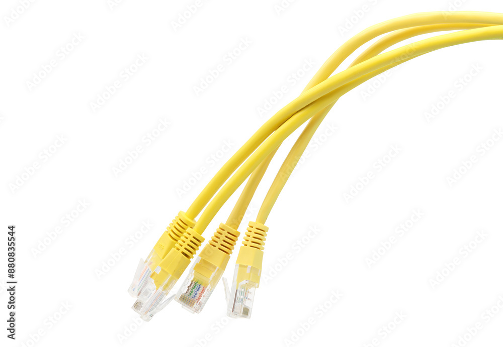 Yellow network cables with molded RJ45 plug on transparent background (PNG File) Yellow network cables with molded RJ45 plug on transparent background (PNG File)