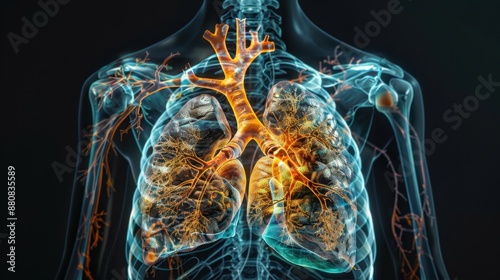 Human heart with vessels, lungs, bronchial tree, and cut rib cage, X-ray effect on black background, highlighting anatomy.