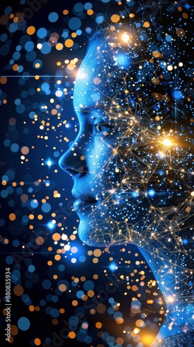 A stylized portrait of a person rendered in a digital, abstract style, with lines and dots representing technology and connections