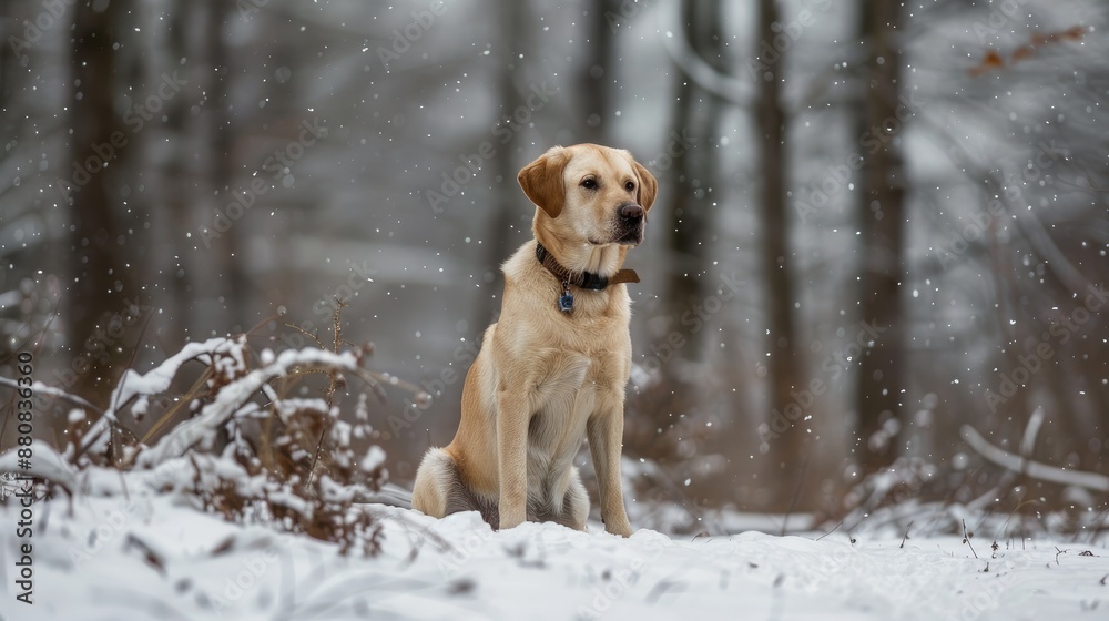 Yellow labrador retriever sitting in snowy forest Yellow labrador retriever sitting in snowy forest