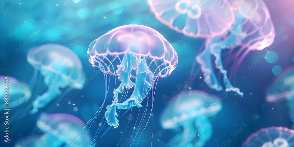 Explore underground aquarium with floating jellyfish and bioluminescent sea creatures dancing. Concept Underground Aquarium, Jellyfish, Bioluminescent Creatures, Dancing, Exploration Explore underground aquarium with floating jellyfish and bioluminescent sea creatures dancing. Concept Underground Aquarium, Jellyfish, Bioluminescent Creatures, Dancing, Exploration