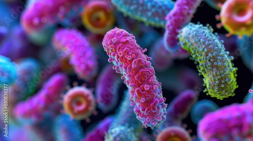 Colored electron micrograph showing bacteria from a beard, highlighting diverse human-pathogenic bacteria in vibrant, high-contrast detail.