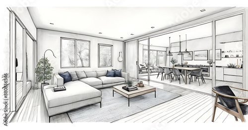 Blueprint of a modern Scandinavian living room, showcasing minimalist furniture layout with clean lines