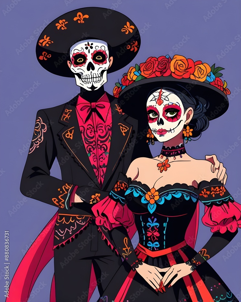 A man and a woman dressed as Day of the Dead. Traditional Day of the Dead costume and makeup. Generative AI