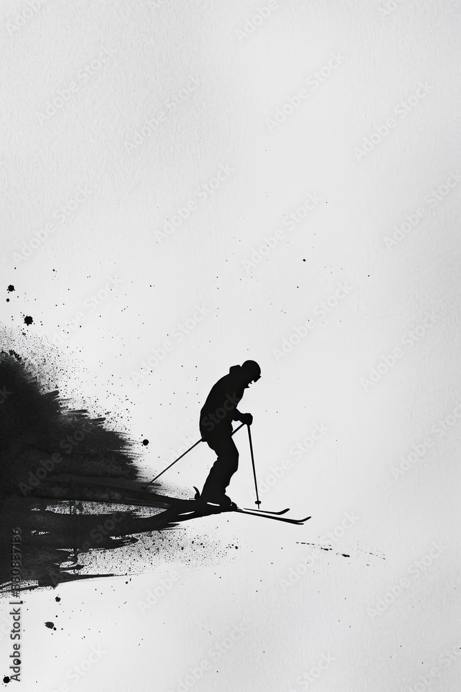 Fototapeta premium A black and white sketch of a person skiing down a slope