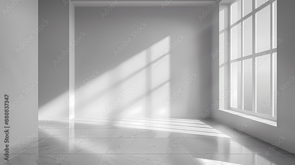 Fototapeta premium Sunlight streaming into a minimalistic, empty room with large windows and clean, white walls.