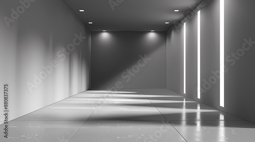 Futuristic empty room with sleek gray walls and illuminated by vertical lines of LED lights.