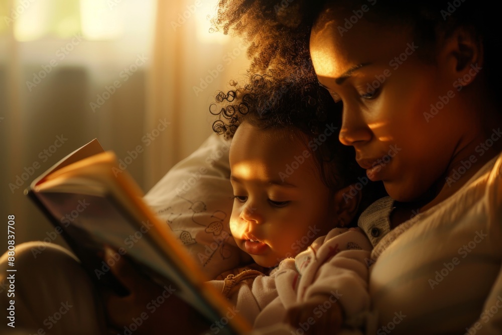 Loving Mother and Son Reading Storybook Bathed in Warm Sunset Light. Loving Mother and Son Reading Storybook Bathed in Warm Sunset Light.