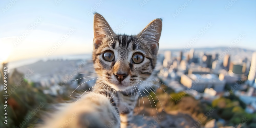 Obraz premium Kitten on hill against city skyline captures selfie with fisheye lens. Concept Pets, Photography, Cityscape, Selfie, Fisheye Lens